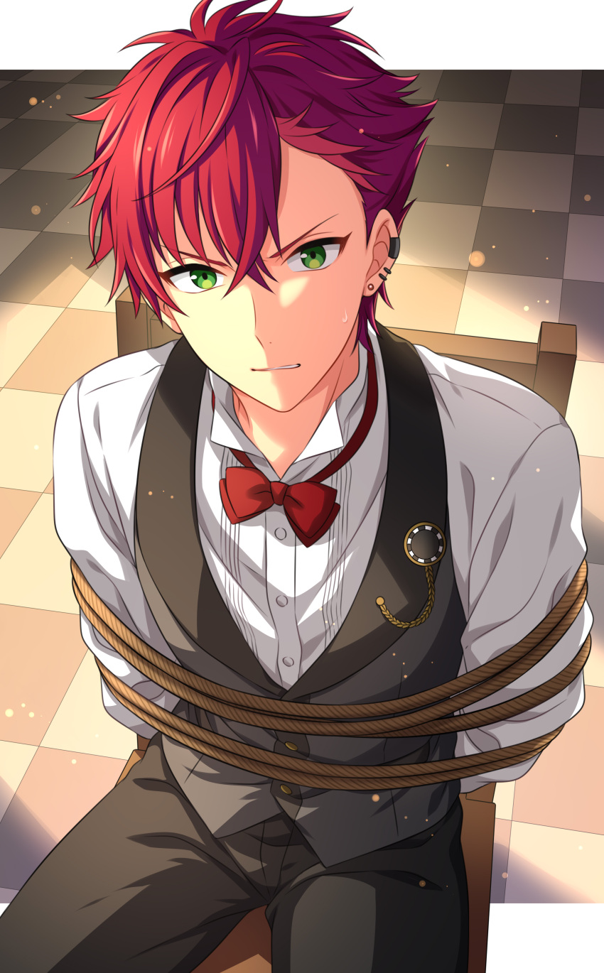 1boy absurdres bangs black_pants black_vest bound bound_wrists bow bowtie chair ear_piercing earrings formal green_eyes helios_rising_heroes highres jewelry looking_at_viewer male_focus multiple_earrings on_chair otori_akira pants piercing red_neckwear redhead rope sekina shirt short_hair sitting solo tied_to_chair vest white_shirt