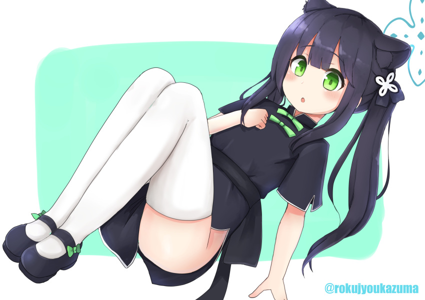 1girl absurdres animal_ear_fluff animal_ears artist_name bangs black_dress black_footwear black_hair blue_archive blunt_bangs china_dress chinese_clothes dress full_body green_eyes hand_on_own_chest highres knees_up legs long_hair lying mary_janes on_back open_mouth rokujyou_kazuma shoes short_sleeves shun_(blue_archive) solo thigh-highs thighs tiger_ears tiger_girl twintails white_legwear