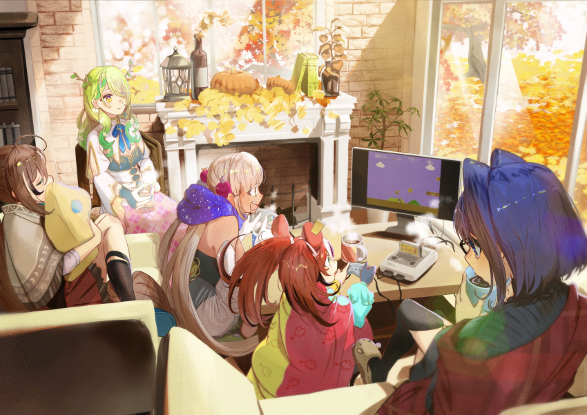 5girls absurdres autumn autumn_leaves bangs bespectacled blanket blonde_hair bookshelf ceres_fauna couch cup dark-skinned_female dark_skin fireplace flower fluffy game_console glasses green_hair hair_flower hair_ornament hakos_baelz highres hololive hololive_english indoors iris_(tb33064667) leaf long_hair multiple_girls nanashi_mumei nintendo object_hug ouro_kronii pillow pillow_hug playing_games pumpkin steam super_famicom super_mario_bros. tree tsukumo_sana twintails virtual_youtuber yellow_eyes