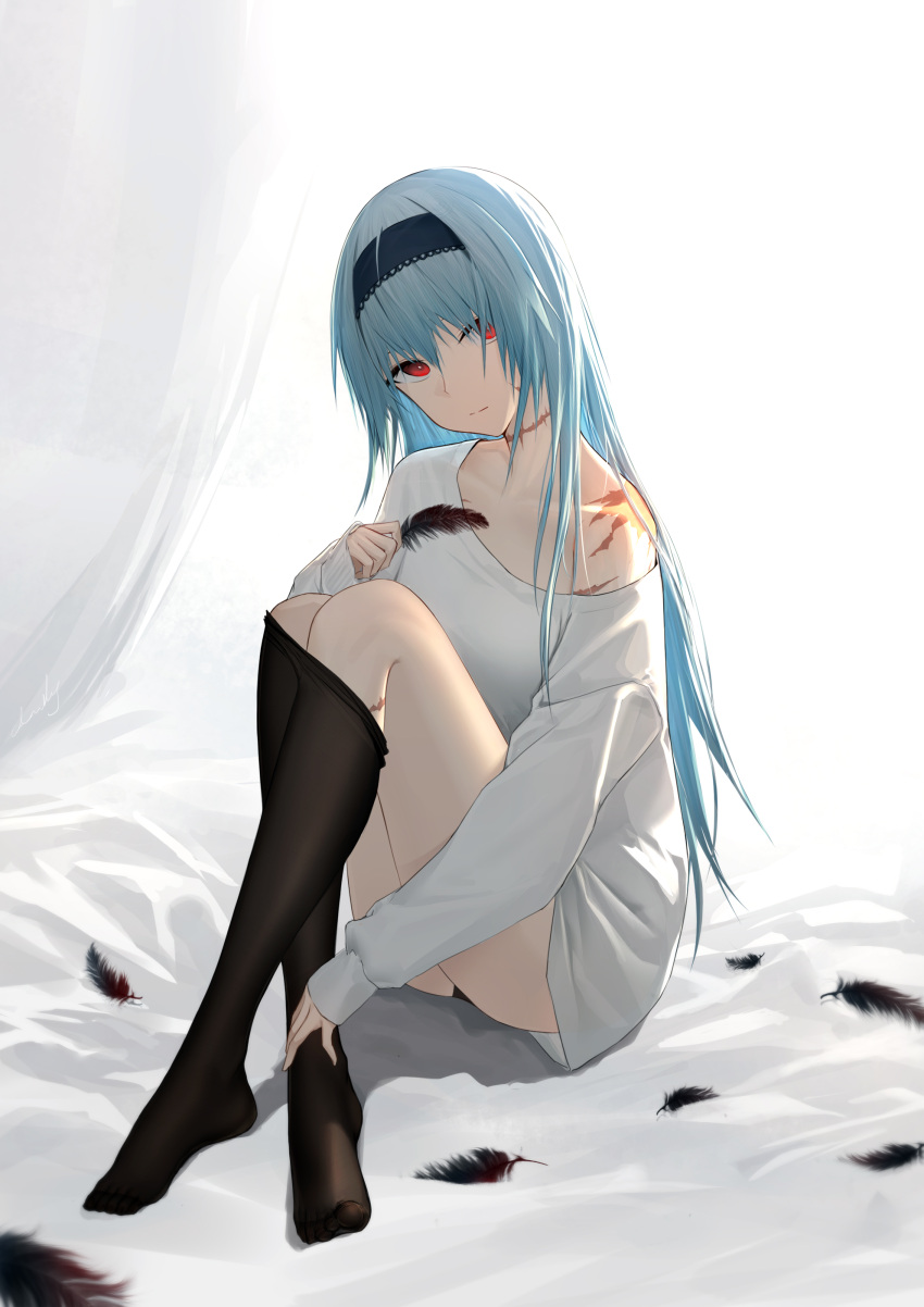 1girl absurdres anming black_legwear blue_hair closed_mouth clothes_pull crossed_legs eyebrows_visible_through_hair feathers girls_frontline hairband hand_on_leg highres holding holding_feather long_hair looking_at_viewer no_shoes pantyhose pantyhose_pull red_eyes scar scar_on_arm scar_on_leg scar_on_neck shirt simple_background sitting solo thunder_(girls'_frontline) white_shirt