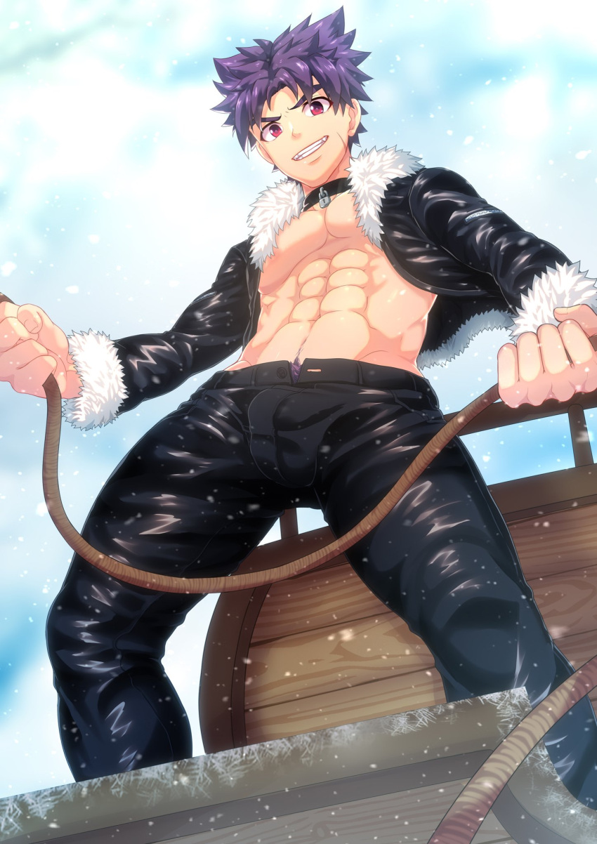 1boy abs black_choker black_jacket black_pants camp_buddy choker clouds day falling falling_snow fur-trimmed_jacket fur_trim highres holding holding_sled jacket looking_at_viewer male_focus mikkoukun navel nipples open_clothes open_jacket outdoors pants pectorals purple_hair scar scar_on_cheek scar_on_face shiny shiny_clothes shiny_hair short_hair sky sled smile snow solo spiky_hair teeth toned toned_male violet_eyes yukimura_yoichi