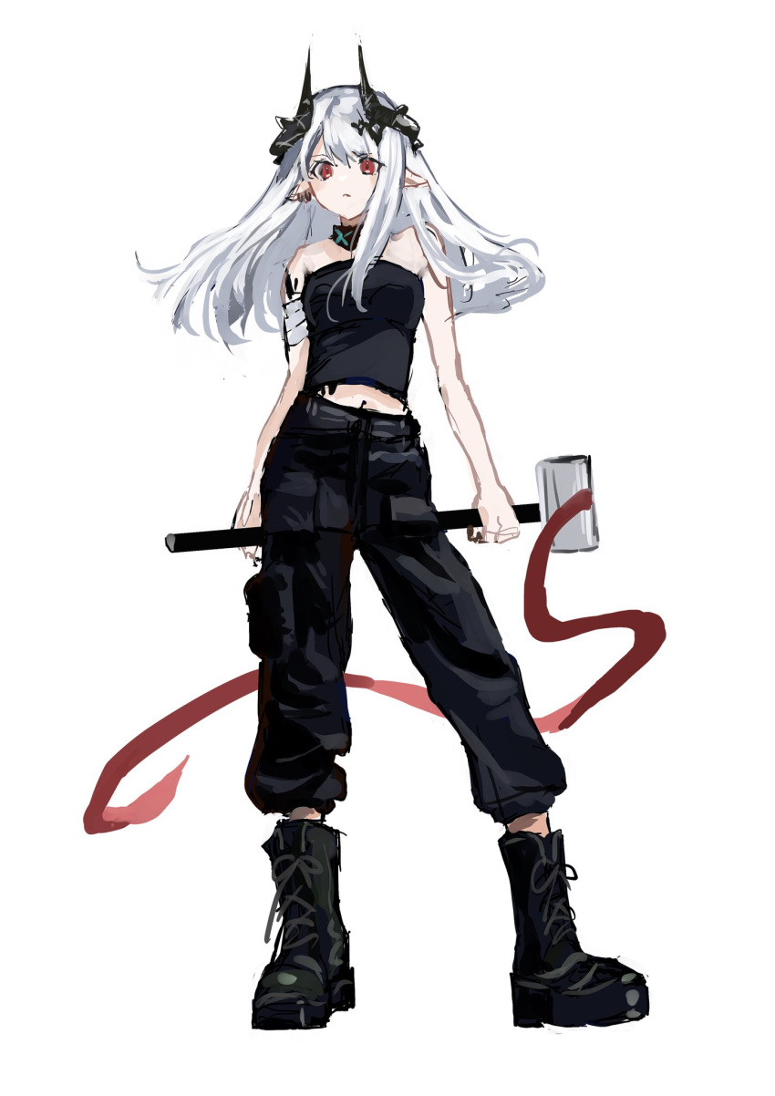 1girl alternate_costume arknights bangs bare_shoulders boots cargo_pants closed_mouth demon_girl demon_horns highres horns mudrock_(arknights) nanaponi navel oripathy_lesion_(arknights) pants pointy_ears red_eyes silver_hair sketch solo strapless tube_top war_hammer weapon