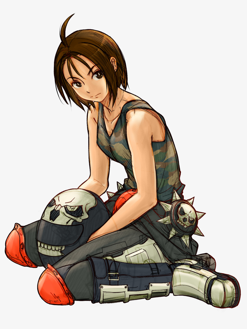 1girl ahoge armored_boots boots breasts brown_hair camouflage_tank_top clothes_around_waist english_commentary full_body helmet highres holding holding_helmet huge_ahoge jacket jacket_around_waist kazama_akira knee_pads leather leather_pants mixed-language_commentary motorcycle_helmet pants rival_schools short_hair sitting skull_print sleeveless small_breasts solo wariza white_background xfiro