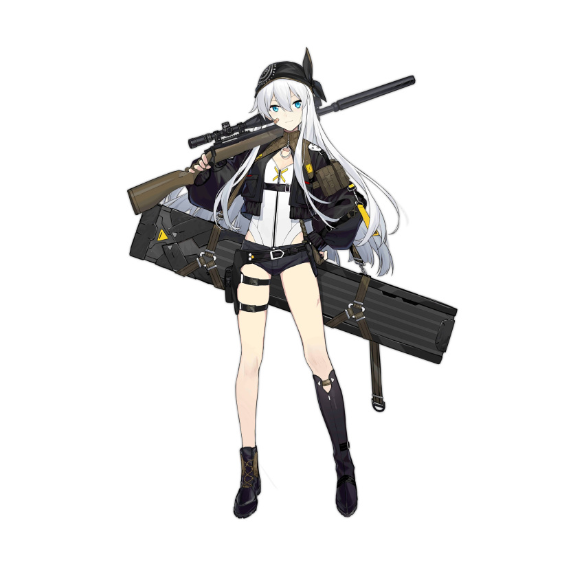 1girl asymmetrical_footwear bandana black_footwear black_jacket black_shorts blue_eyes boots brown_gloves closed_mouth eyebrows_visible_through_hair fingerless_gloves floor girls_frontline gloves gun hand_on_hip highres holding holding_weapon jacket long_hair looking_at_viewer mod3_(girls'_frontline) official_alternate_costume official_art over_shoulder patch rifle shi-chen shorts silver_hair sniper_rifle solo standing transparent_background uneven_footwear weapon weapon_case weapon_over_shoulder xm3_(girls'_frontline)