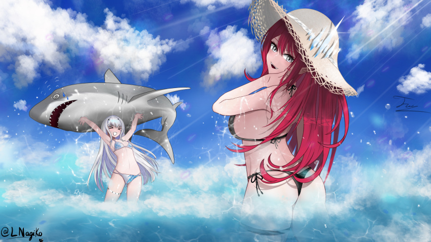 2girls absurdres ass back bangs bare_shoulders bikini black_bikini blue_sky breasts closed_eyes fairy_knight_lancelot_(fate) fairy_knight_tristan_(fate) fate/grand_order fate_(series) female_ass grey_eyes hat highres huge_filesize long_hair looking_at_viewer looking_back lunar_nagiko medium_breasts multiple_girls navel ocean open_mouth pink_hair pointy_ears shark sideboob sidelocks sky small_breasts smile straw_hat swimsuit thighs tiara wading white_bikini white_hair