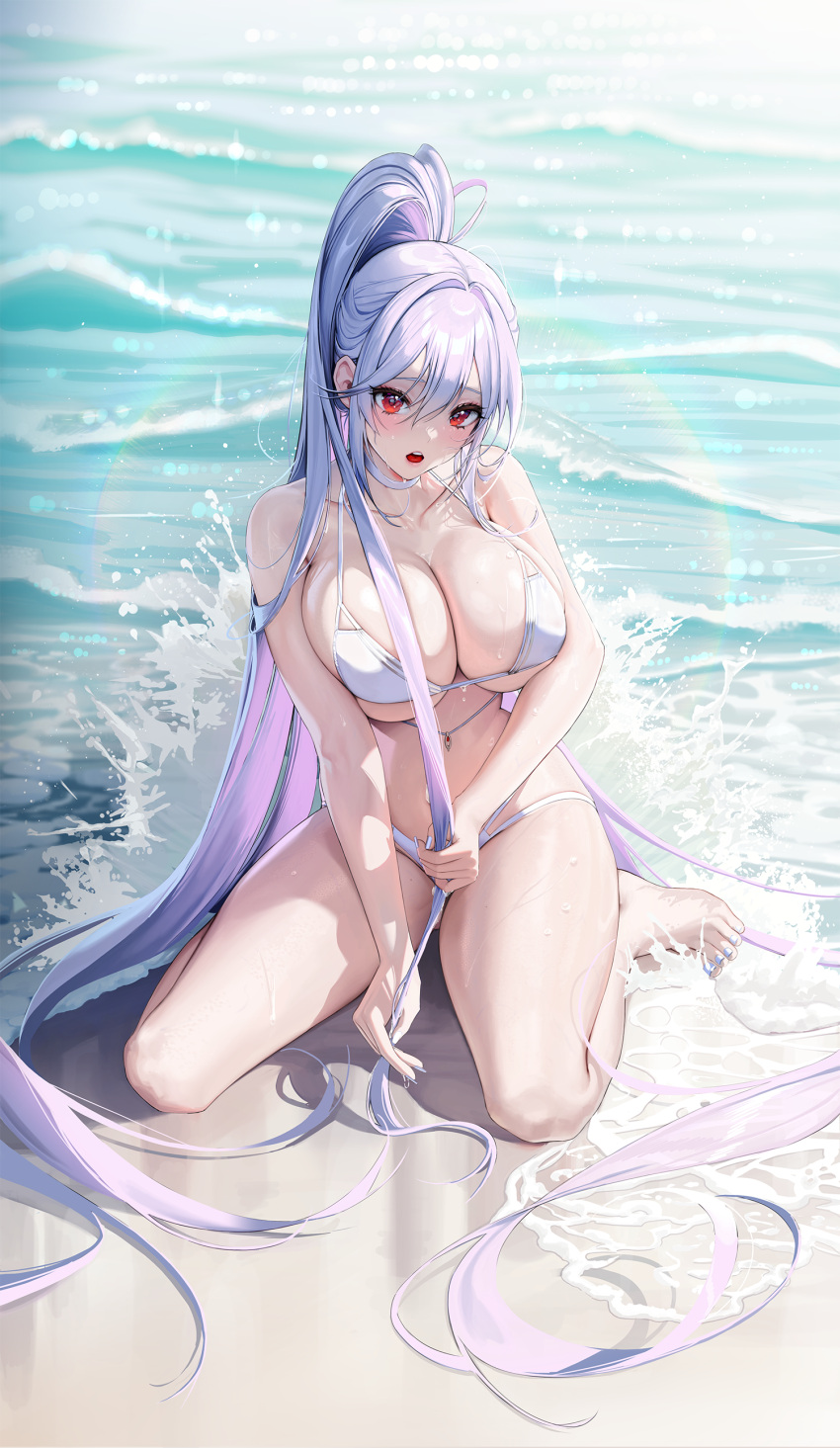 1girl absurdly_long_hair absurdres bare_shoulders barefoot bikini breasts closers commentary_request dore_(gilles_dore) fingernails full_body gradient_hair hair_between_eyes highres large_breasts long_hair mirae_(closers) multicolored_hair nail_polish open_mouth outdoors ponytail purple_hair red_eyes silver_hair sitting solo summer swimsuit toenail_polish toenails very_long_hair wet white_bikini