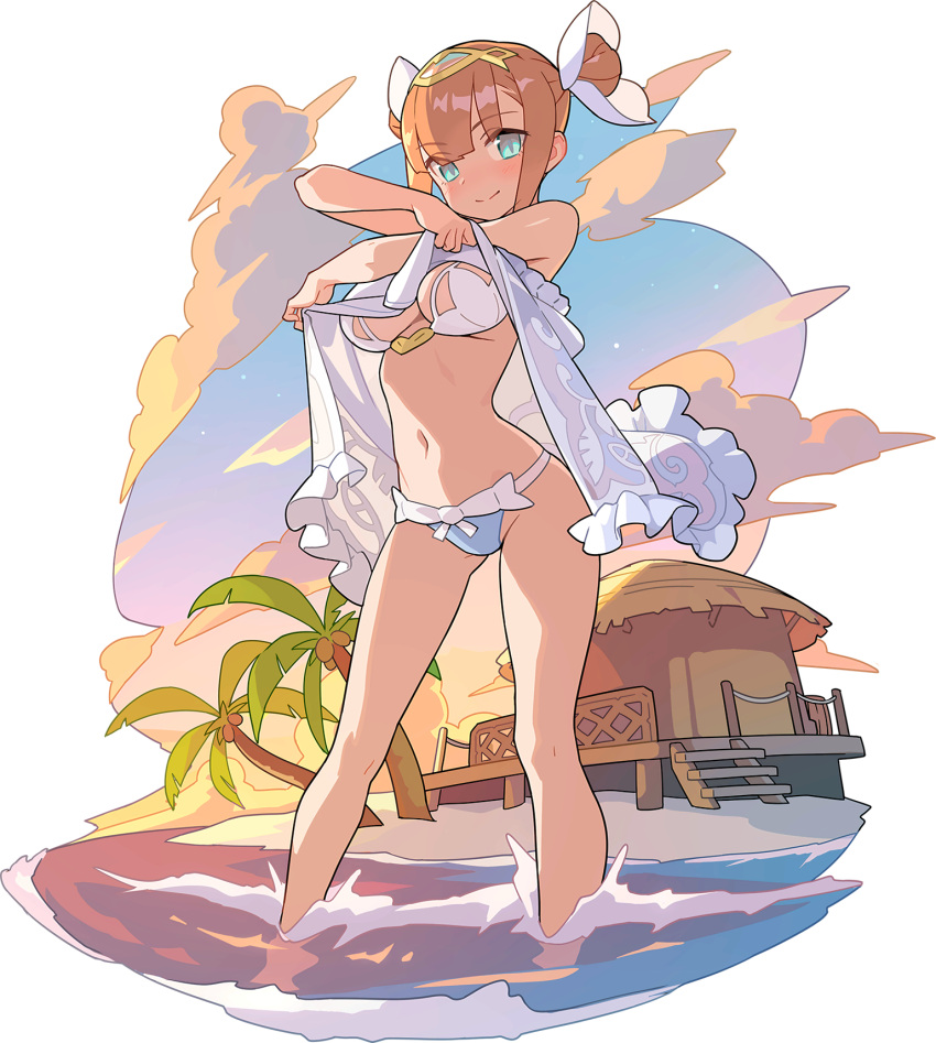 1girl arms_up artist_request babydoll backlighting bangs bare_shoulders beach beach_house bikini blue_eyes blue_sky blunt_bangs blush breasts brown_hair bun_cover closed_mouth clouds coconut double_bun eyebrows_visible_through_hair fence full_body gem gradient_sky happy headpiece highres legs_apart lifted_by_self lilith_(world_flipper) looking_at_viewer medium_breasts navel non-web_source ocean official_alternate_costume official_art outdoors palm_tree partially_submerged sand see-through shiny shiny_hair shiny_skin short_hair sidelocks sky smile solo stairs star_(sky) stomach sunset swimsuit tied_hair transparent_background tree wading water white_bikini world_flipper