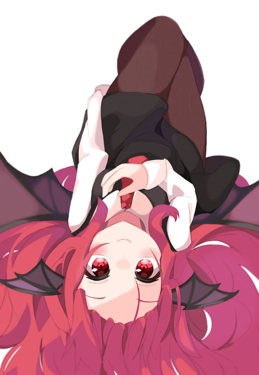 1girl absurdres bangs bat_wings black_skirt black_vest blurry blush breasts brown_legwear closed_mouth commentary_request depth_of_field eyebrows_visible_through_hair hair_between_eyes hair_spread_out hand_on_own_chest head_wings highres iroha_(pcrx7327) knees_up koakuma long_sleeves looking_at_viewer lying necktie on_back pantyhose red_eyes red_neckwear redhead simple_background skirt small_breasts smile solo touhou upside-down vest white_background wings