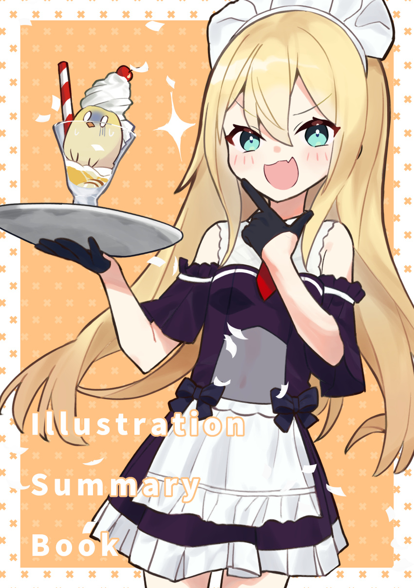 1girl :d absurdres akutaa albacore_(azur_lane) alternate_costume apron azur_lane bangs bird blonde_hair blue_eyes blush carrot cherry chick commentary_request cover cover_page cream detached_sleeves doujin_cover drinking_straw english_text enmaided eyebrows_visible_through_hair fang food fruit glass hair_between_eyes highres long_hair looking_at_viewer maid maid_apron maid_headdress manjuu_(azur_lane) open_mouth parfait pose sidelocks simple_background smile tray v-shaped_eyebrows