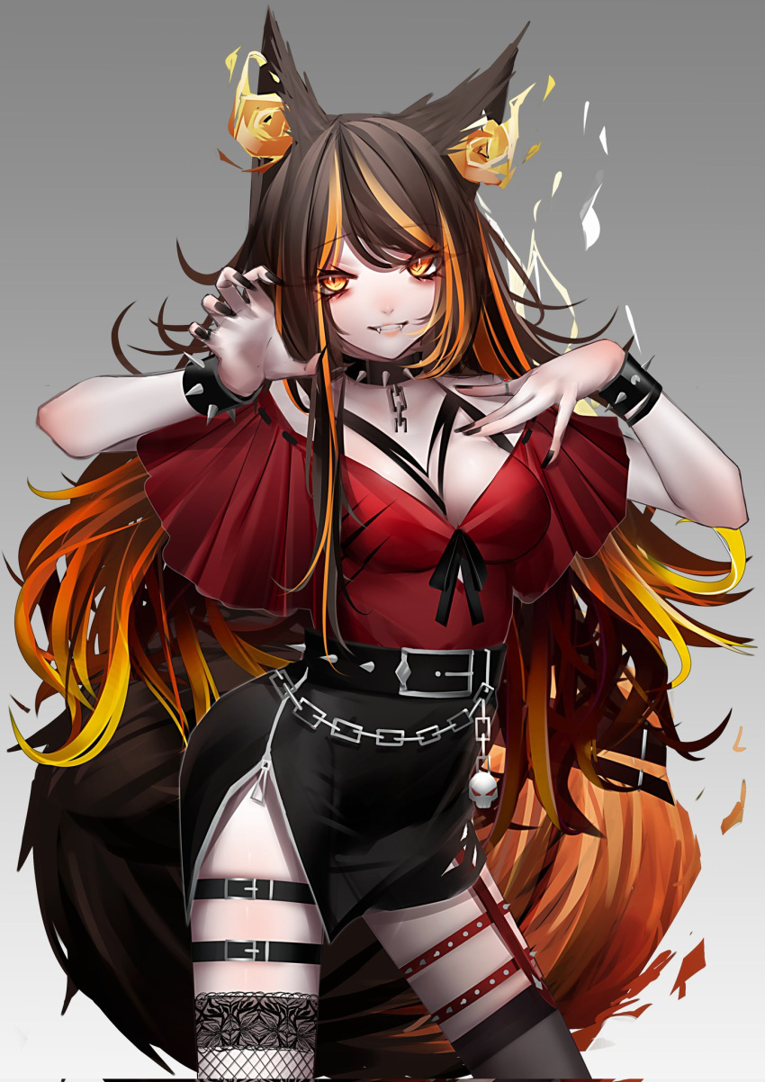 1girl animal_ears belt black_belt black_nails bracelet breasts brown_hair chain collar commission doryudory fangs hand_on_own_chest highres indie_virtual_youtuber jewelry large_breasts leaning_to_the_side long_hair multicolored_hair off-shoulder_shirt off_shoulder open_hand orange_hair red_shirt red_skirt second-party_source shirt sinder_(vtuber) skeb_commission skirt solo spiked_bracelet spiked_collar spikes streaked_hair tail thigh-highs thigh_strap virtual_youtuber wolf_ears wolf_girl wolf_tail