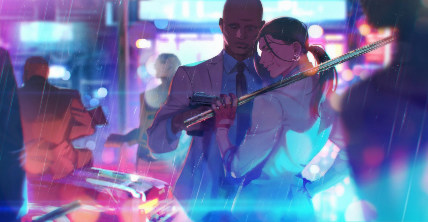 5boys bald blood blood_on_clothes blood_on_weapon character_request earrings formal green_eyes highres holding holding_sword holding_weapon hotline_miami jacket jewelry male_focus meipu_hm multiple_boys neon_lights outdoors pants standing sword weapon