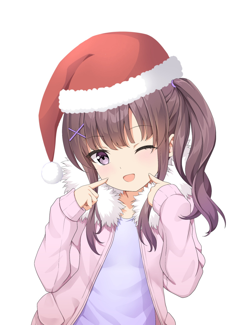 1girl bangs blunt_bangs brown_hair christmas eyebrows_visible_through_hair fingers_to_cheeks fur_collar gradient_hair hair_ornament hair_tie hat highres jacket long_sleeves looking_at_viewer multicolored_hair one_eye_closed open_mouth original pink_jacket ponytail purple_hair purple_shirt santa_hat shirt side_ponytail simple_background sleeves_past_wrists solo sony_kisaragi upper_body white_background x_hair_ornament