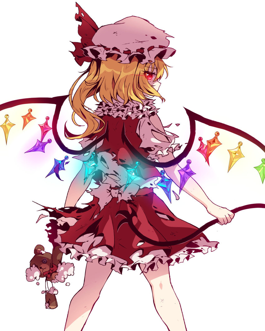 1girl absurdres back_bow blonde_hair bow broken caramell0501 commentary_request crystal eyebrows_visible_through_hair flandre_scarlet from_behind glowing glowing_eye hair_between_eyes hat hat_ribbon highres laevatein_(touhou) long_hair looking_at_viewer looking_back mob_cap one_side_up red_eyes red_ribbon red_skirt red_vest ribbon shirt short_sleeves side_ponytail simple_background skirt slit_pupils socks solo stuffed_animal stuffed_toy teddy_bear torn_clothes torn_skirt torn_sleeves touhou vest white_background white_bow white_legwear white_shirt wings wrist_cuffs yellow_neckwear
