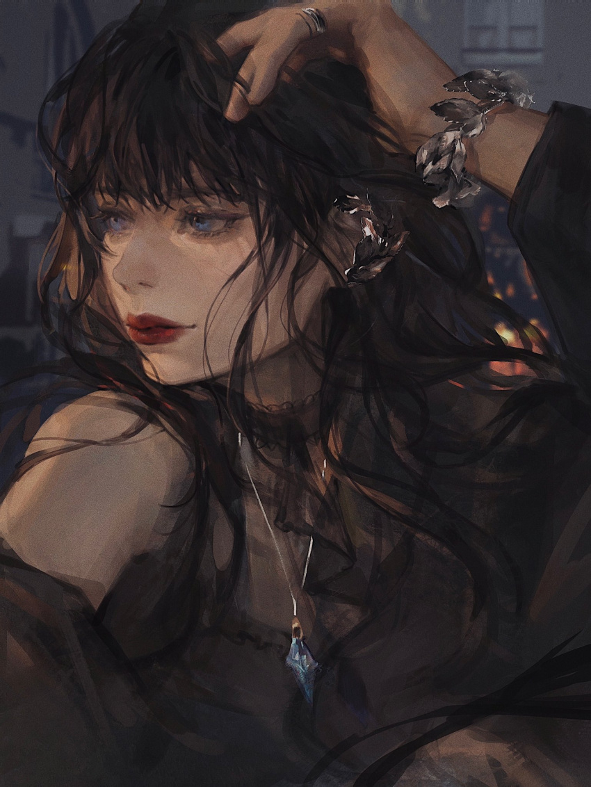 1girl bangs bare_shoulders black_dress black_hair blue_eyes bracelet choker detached_sleeves dress earrings final_fantasy final_fantasy_xiv frilled_choker frills gaia_(ff14) hand_on_own_head highres hyur jewelry long_hair looking_to_the_side necklace red_lips ring solo sukiri