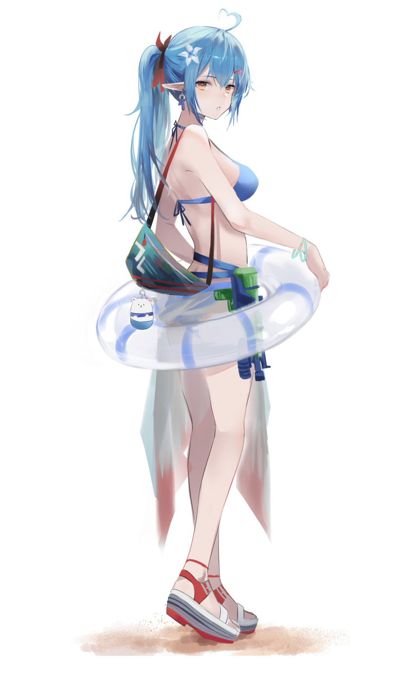 1girl absurdres ahoge bag bag_charm bare_legs bare_shoulders blue_hair breasts charm_(object) elf expressionless flower full_body hair_flower hair_ornament heart_ahoge highres hololive innertube jenmin12 long_hair looking_at_viewer looking_back medium_breasts parted_lips pointy_ears ponytail sandals shoulder_bag simple_background standing water_gun white_background white_flower white_footwear wristband yellow_eyes yukihana_lamy
