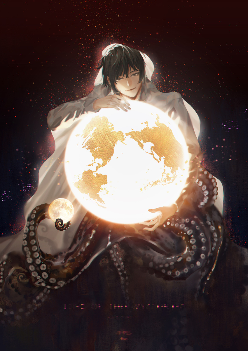 1boy angel black_hair chinese_commentary cloak commentary_request continents earth_(planet) english_text highres holding hood hooded_cloak iamabin klein_moretti looking_at_viewer lord_of_the_mysteries moon planet short_hair smile solo space star_(sky) tentacles