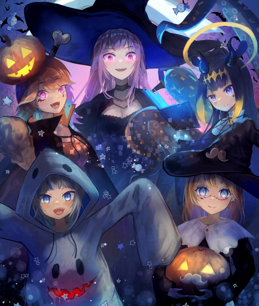 5girls absurdres animal_hood bangs blue_eyes book commentary english_commentary eyebrows_visible_through_hair gawr_gura halloween halloween_costume halo happy_halloween hat highres hololive hololive_english holomyth hood hood_up jack-o'-lantern mori_calliope multiple_girls ninomae_ina'nis open_mouth orange_hair pink_eyes pink_hair shark_hood sharp_teeth sleeves_past_wrists takanashi_kiara teeth tentacles virtual_youtuber watson_amelia witch_hat xyunx