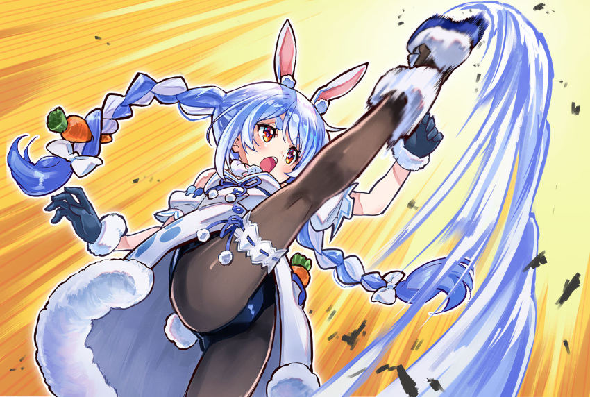 1girl animal_ear_fluff animal_ears axe_kick bare_shoulders black_gloves black_legwear black_leotard blue_hair bow braid bunny-shaped_pupils carrot carrot_hair_ornament coat commentary_request creature don-chan_(usada_pekora) eyebrows_visible_through_hair food-themed_hair_ornament from_below fur-trimmed_coat fur-trimmed_gloves fur_scarf fur_trim gloves hair_bow hair_ornament highres hikimayu hololive kicking leg_garter leg_up leotard leotard_under_clothes long_hair motion_blur multicolored_hair open_mouth panties pantyhose pantyshot puffy_short_sleeves puffy_sleeves rabbit rabbit_ears rabbit_girl rabbit_tail sakino_shingetsu scarf short_eyebrows short_sleeves solo standing standing_on_one_leg strapless_coat tail thick_eyebrows twin_braids twintails two-tone_hair underwear upskirt usada_pekora virtual_youtuber white_coat white_footwear white_hair white_scarf