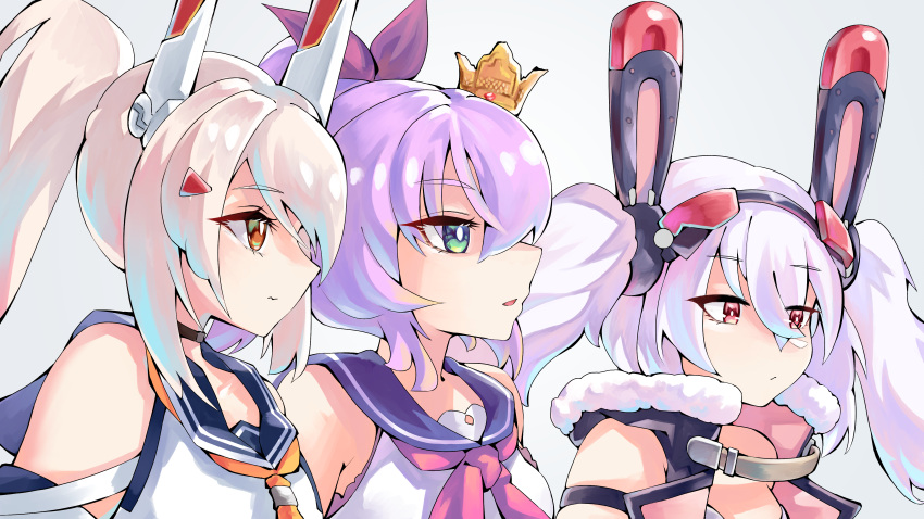 3girls absurdres animal_ears ascot ayanami_(azur_lane) azur_lane bangs belt bikini bikini_top choker close-up collarbone commentary_request crown detached_sleeves eyebrows_visible_through_hair fake_animal_ears from_side green_eyes hair_between_eyes hair_ornament hair_ribbon hairband hairclip headgear highres javelin_(azur_lane) laffey_(azur_lane) long_hair looking_away mini_crown multiple_girls orange_eyes parted_lips ponytail purple_hair rabbit_ears red_eyes retrofit_(azur_lane) ribbon school_uniform serafuku sidelocks silver_hair simple_background sleeveless smile swimsuit take_yaki twintails vest white_background white_bikini white_hair