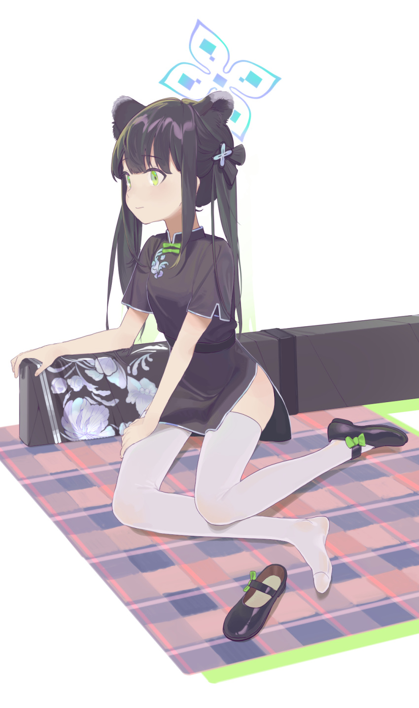 1girl animal_ear_fluff animal_ears bangs black_dress black_footwear black_hair blue_archive blunt_bangs china_dress chinese_clothes dress full_body green_eyes highres legs long_hair mary_janes shoe_removed shoes short_sleeves shun_(blue_archive) single_shoe sitting solo thigh-highs thighs tiger_ears tiger_girl twintails weapon_case white_legwear zippo_(2387576974)