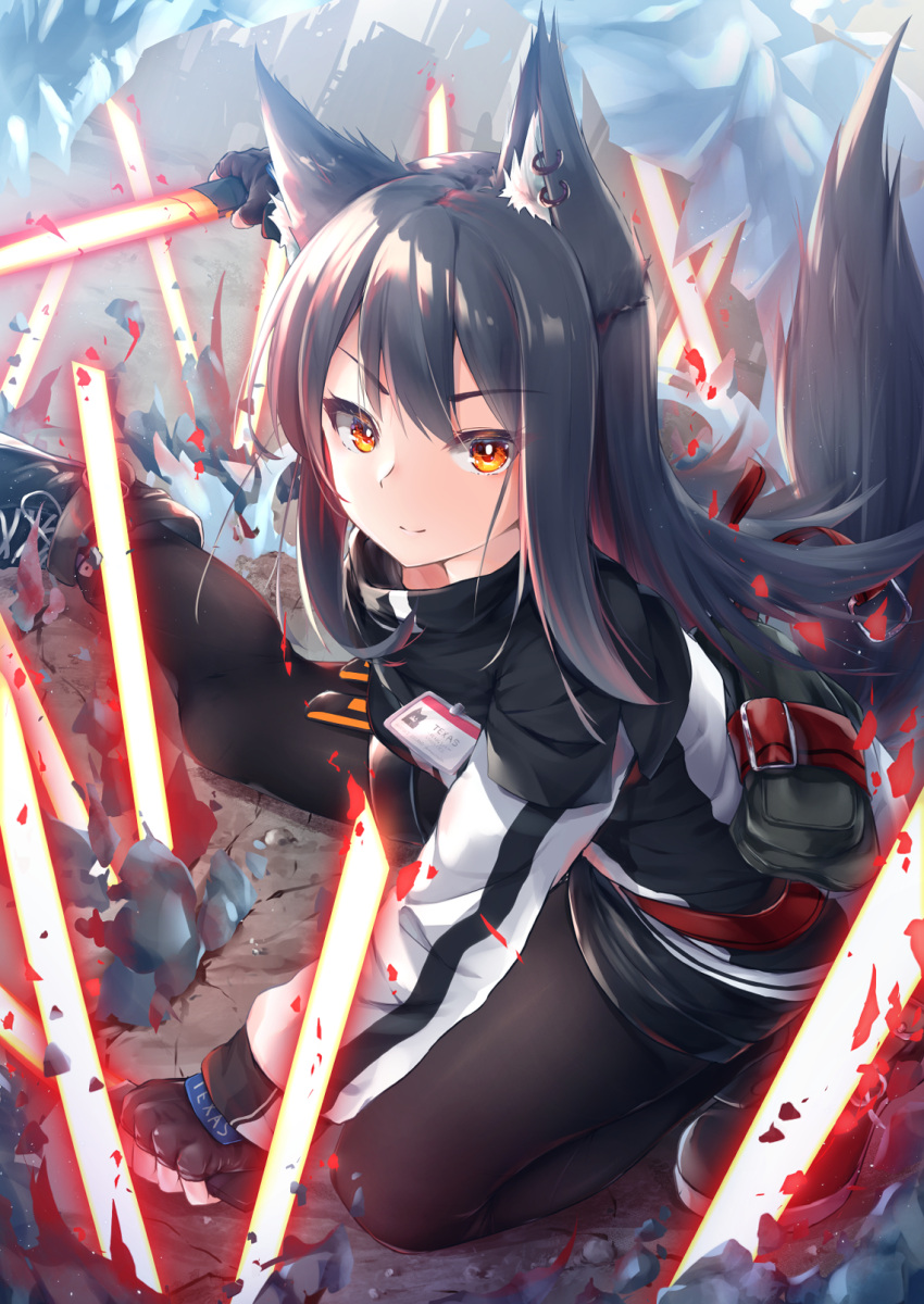 1girl animal_ears arknights bangs belt belt_pouch black_capelet black_footwear black_gloves black_hair black_legwear black_shorts boots capelet closed_mouth commentary_request dual_wielding ear_piercing fingerless_gloves full_body gloves highres holding holding_sword holding_weapon id_card jacket legwear_under_shorts long_hair long_sleeves looking_at_viewer one_knee outstretched_leg pantyhose piercing planted planted_sword pouch shorts smile solo sword tail texas_(arknights) v-shaped_eyebrows weapon white_background white_jacket wolf_ears wolf_girl wolf_tail yellow_eyes yuki_kawachi