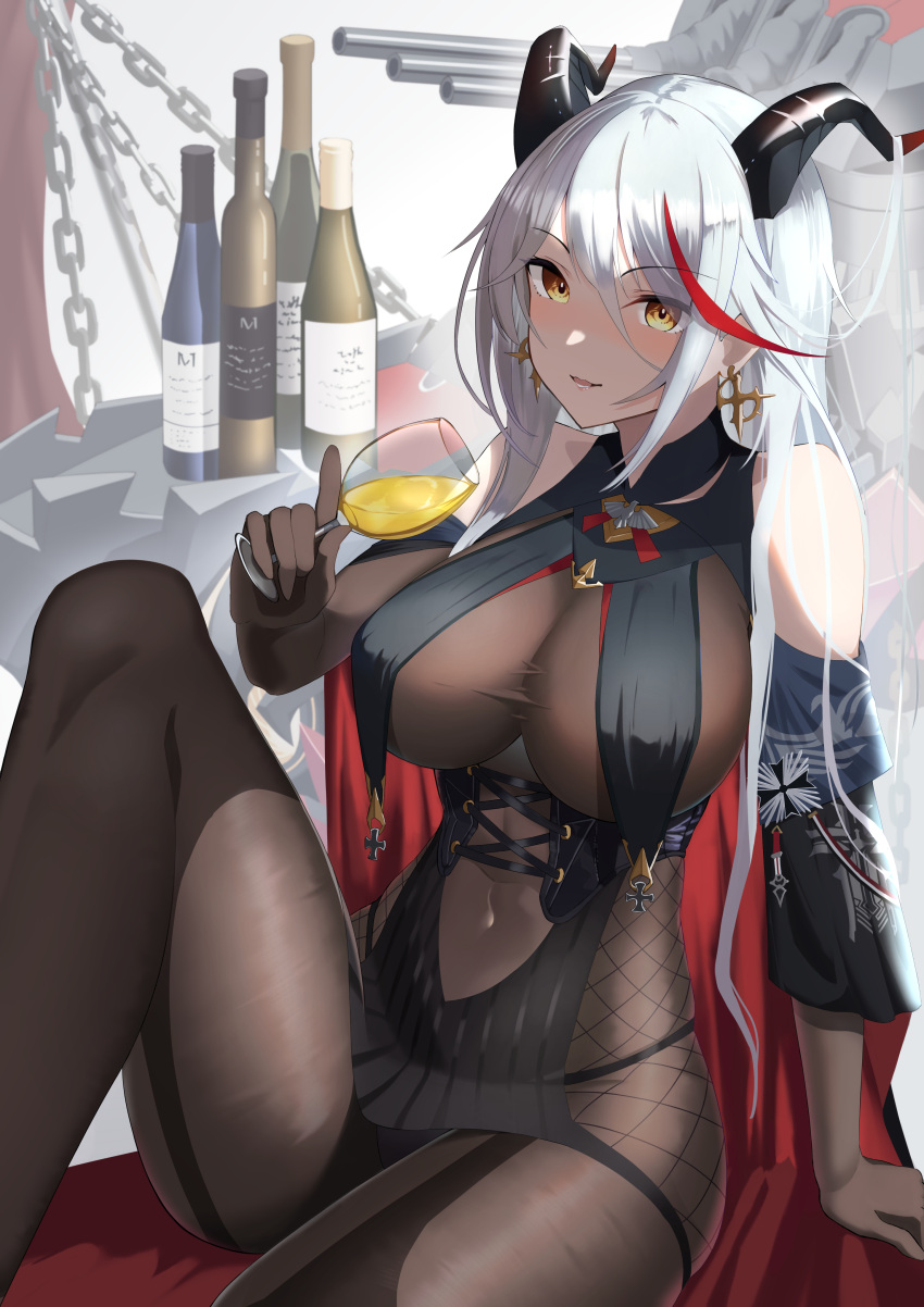 1girl absurdres aegir_(azur_lane) azur_lane black_cape blush bodystocking bottle breast_curtains breasts brown_gloves cape covered_navel cross-laced_clothes cup demon_horns drunk elbow_gloves eyebrows_visible_through_hair gloves hai_maker hair_on_horn highres holding holding_cup horns impossible_clothes iron_cross large_breasts long_hair looking_at_viewer microskirt multicolored_hair pantyhose redhead rigging skirt solo streaked_hair two-tone_hair underbust white_hair yellow_eyes