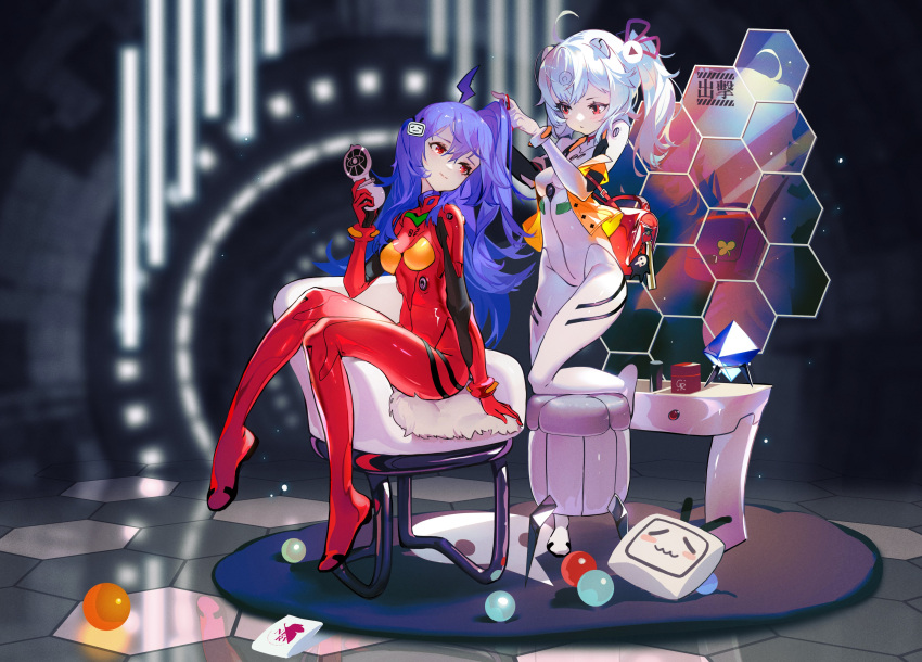 2girls absurdres adjusting_hair ahoge armchair ayanami_rei ayanami_rei_(cosplay) bili_girl_22 bili_girl_33 bilibili_douga blue_hair bodysuit breasts cellphone chair character_request cosplay english_commentary flip_phone full_body grandia_lee hexagon highres light_smile long_hair looking_at_another medium_hair multiple_girls neon_genesis_evangelion nerv phone play_button_(object) plugsuit rebuild_of_evangelion red_bodysuit sitting skin_tight small_breasts souryuu_asuka_langley souryuu_asuka_langley_(cosplay) stool test_plugsuit twintails wall_panel white_hair