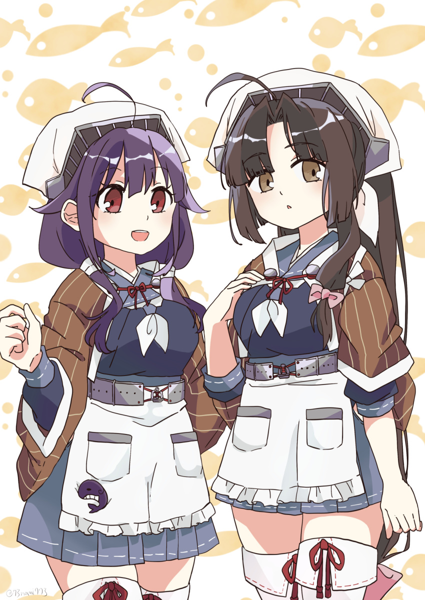 2girls absurdres ahoge apron bandana black_hair blue_serafuku blue_skirt brown_eyes brown_shawl chougei_(kancolle) chougei_(kancolle)_(cosplay) commentary_request cosplay cowboy_shot hair_flaps hair_ornament hairclip headgear highres jingei_(kancolle) jingei_(kancolle)_(cosplay) kantai_collection long_hair looking_at_viewer low_twintails multiple_girls nami_nami_(belphegor-5812) neckerchief pleated_skirt ponytail purple_hair red_eyes sailor_collar school_uniform serafuku shawl shouhou_(kancolle) skirt standing taigei_(kancolle) thigh-highs twintails waist_apron white_apron white_neckwear