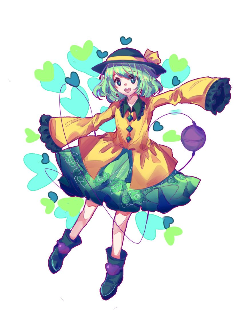 1girl black_footwear blush boots buttons commentary_request floral_print frilled_shirt_collar frilled_skirt frilled_sleeves frills full_body gem green_eyes green_skirt hat hat_ribbon heart highres komeiji_koishi long_sleeves looking_at_viewer open_mouth ribbon rose_print shirt shoes short_hair skirt sleeves_past_wrists solo sparkle third_eye touhou upper_teeth user_fapn5825 white_background white_hair wide_sleeves yellow_shirt