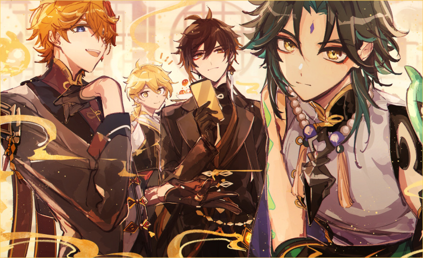 4boys aether_(genshin_impact) aqua_hair arm_tattoo ayano_(katou) bangs bead_necklace beads black_gloves black_hair black_jacket blonde_hair blue_eyes braid brown_hair closed_mouth earrings facial_mark forehead_mark genshin_impact gloves holding jacket jewelry long_hair long_sleeves looking_at_viewer male_focus mask mask_on_head multiple_boys necklace open_mouth orange_hair ponytail seelie_(genshin_impact) single_braid single_earring smile tartaglia_(genshin_impact) tassel tattoo upper_body vision_(genshin_impact) xiao_(genshin_impact) yellow_eyes zhongli_(genshin_impact)