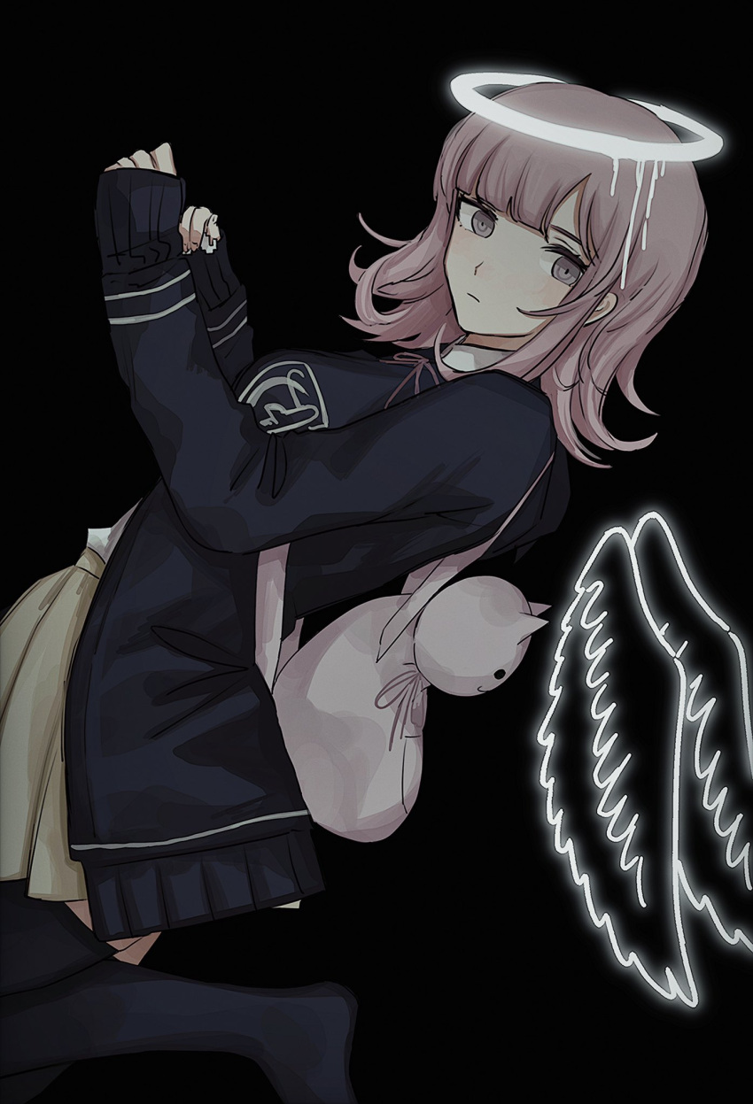 1girl angel_wings backpack bag bangs black_jacket black_legwear breasts brown_hair brown_skirt commentary_request danganronpa_(series) danganronpa_2:_goodbye_despair detached_wings flipped_hair hair_ornament halo hands_up highres jacket long_sleeves looking_at_viewer looking_to_the_side medium_breasts medium_hair nanami_chiaki no_shoes pink_eyes pleated_skirt shirt shirt_tucked_in simple_background skirt solo uyu_(uyuchaxx) wings