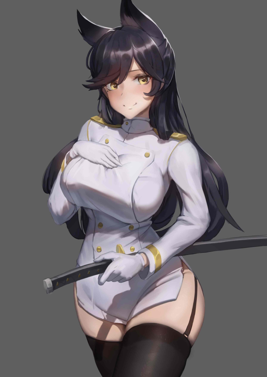 1girl absurdres atago_(azur_lane) azur_lane black_hair black_legwear breasts buttons double-breasted garter_straps grey_background highres holding holding_sword holding_weapon large_breasts long_hair looking_at_viewer miniskirt sheath sheathed simple_background skindentation skirt solo sword taichi_suzuki taut_clothes taut_jacket thigh-highs weapon white_skirt yellow_eyes