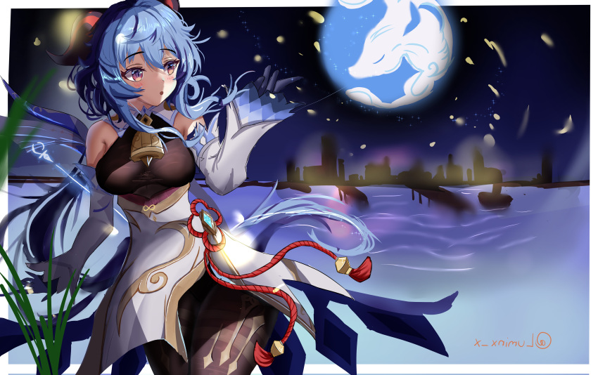 absurdres artist_name bangs bare_shoulders bell black_gloves blue_hair breasts chinese_knot detached_sleeves eyebrows_visible_through_hair ganyu_(genshin_impact) genshin_impact gloves gold_trim highres horns long_hair luminx_x medium_breasts neck_bell night open_mouth orb sidelocks thighlet very_long_hair violet_eyes vision_(genshin_impact) white_sleeves