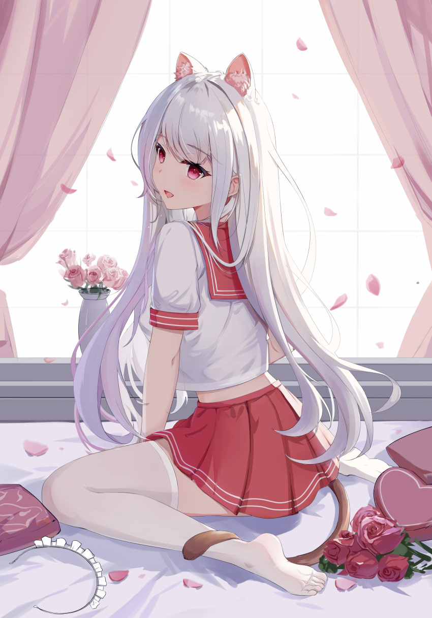 1girl absurdres anal_tail animal_ears between_legs cat_ears cat_tail chinese_commentary commentary_request curtains eyebrows_visible_through_hair fake_tail flower grey_hair hair_between_eyes hakomusume highres indoors light_blush long_hair looking_to_the_side maid_headdress midriff no_shoes open_mouth original petals red_skirt rose sailor_collar school_uniform serafuku sitting skirt soles sunlight tail thigh-highs thighs vase wariza white_legwear white_serafuku