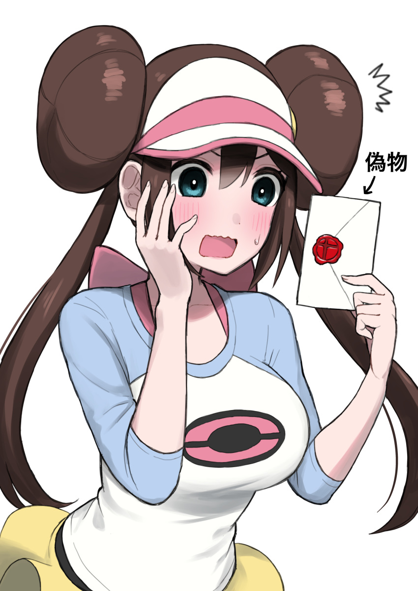 1girl absurdres arrow_(symbol) bangs blush bow breasts brown_hair commentary_request double_bun envelope green_eyes hands_up highres holding holding_envelope long_hair nishikino_kee open_mouth pink_bow pokemon pokemon_(game) pokemon_bw2 raglan_sleeves rosa_(pokemon) shirt shorts simple_background solo sweatdrop tongue translation_request twintails visor_cap wavy_mouth wax_seal white_background yellow_shorts