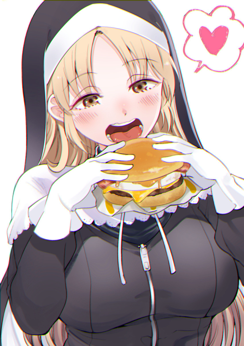 1girl absurdres bangs black_dress blonde_hair blush breasts brown_eyes burger commentary_request dress eating eyebrows_visible_through_hair food gloves habit heart highres holding holding_food large_breasts long_hair long_sleeves nijisanji nun open_mouth parted_bangs sakayama_shinta simple_background sister_cleaire solo speech_bubble spoken_heart upper_body virtual_youtuber white_background white_gloves zipper_pull_tab