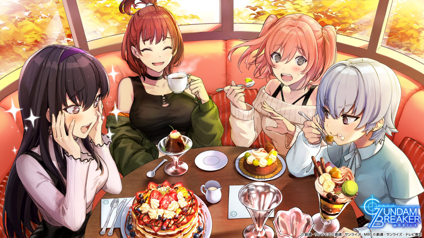 +_+ 4girls artist_request autumn autumn_leaves banana_slice black_hair black_straps black_tank_top blue_hair blueberry blush booth_seating bow breasts brown_hair cherry chocolate_syrup collared_shirt commentary copyright copyright_name cream cup cushion dessert eating fingernails food food_on_face fork fruit glass green_jacket grey_eyes gundam gundam_breaker_mobile hairband haro high_ponytail highres holding holding_spoon ichinose_yuri jacket jacket_partially_removed jitome knife kotomori_ren kuzunoha_rindou large_breasts lavender_shirt long_hair medium_breasts miyama_sana multiple_girls off_shoulder official_art open_mouth pancake parfait pink_hair pitcher plaid plaid_skirt plate pudding purple_hairband ribbed_shirt ribbed_sweater saucer shirt short_hair skirt sleeve_cuffs small_breasts spoon star_(symbol) steam strawberry suspender_skirt suspenders sweatdrop sweater table tank_top taut_clothes taut_shirt tied_hair topknot two_side_up violet_eyes wafer_stick whipped_cream white_sweater window
