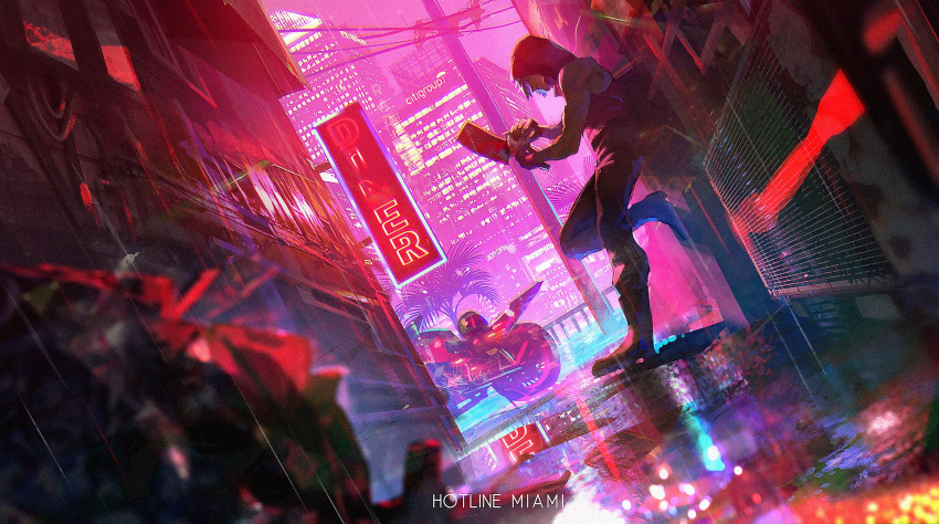 1boy alley aqua_hair biker_(hotline_miami) blood boots city city_lights copyright_name dutch_angle ground_vehicle highres holding holding_weapon hood hoodie hotline_miami machete male_focus meipu_hm motor_vehicle motorcycle neon_lights night pants puddle shirt sleeveless sleeveless_hoodie solo weapon