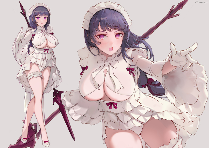 1girl artist_name bangs bare_legs bow breasts center_opening chowbie commentary_request dress eyebrows_visible_through_hair frilled_dress frills gloves grey_background hair_ribbon hand_up holding holding_polearm holding_spear holding_weapon large_breasts long_hair maid_headdress multiple_views open_mouth original outstretched_arm polearm purple_hair purple_ribbon red_bow ribbon simple_background spear thigh_strap under_boob violet_eyes weapon white_dress white_footwear white_gloves wide_sleeves