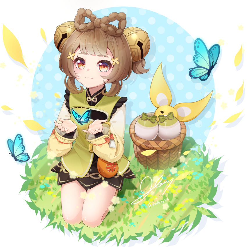 1girl absurdres bangs basket bell blunt_bangs braid brown_eyes brown_hair bug butterfly chinese_clothes commentary_request eyebrows_visible_through_hair genshin_impact hahany hair_bell hair_ornament highres long_hair long_sleeves looking_at_viewer seiza sidelocks signature sitting smile solo yaoyao_(genshin_impact)