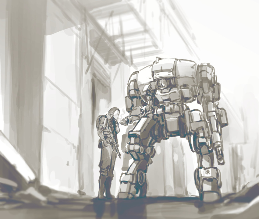 1boy arm_cannon armor cigarette greyscale gun hair_behind_ear hair_slicked_back highres holding holding_gun holding_weapon ishiyumi looking_down mecha monochrome original science_fiction sketch smoking standing weapon