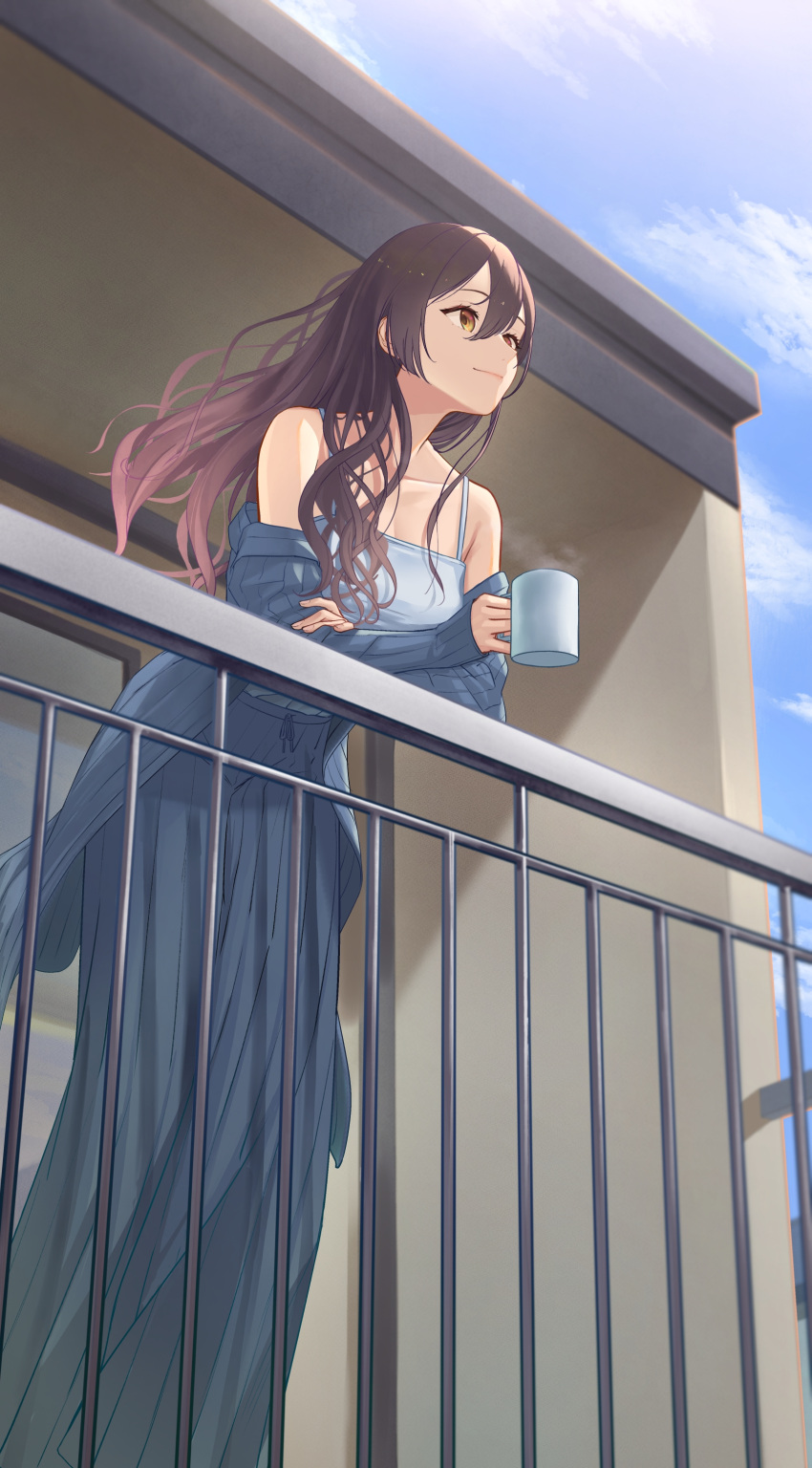 1girl absurdres balcony bare_shoulders black_hair blue_sky camisole collarbone cup day hair_between_eyes highres holding holding_cup idolmaster idolmaster_shiny_colors jacket jacket_partially_removed long_hair long_skirt looking_afar mug pleated_skirt railing ribbed_jacket shirase_sakuya sjuno skirt sky smile solo wavy_hair yellow_eyes