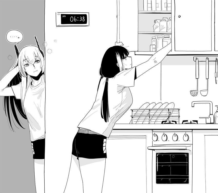 ... 2girls cabinet character_request dishes fang fang_out faucet girls_frontline greyscale headgear huqu indoors jar ladle long_hair low_twintails monochrome multicolored_hair multiple_girls oven ro635_(girls'_frontline) shirt short_shorts short_sleeves shorts sink skin_fang spoken_ellipsis streaked_hair timestamp twintails