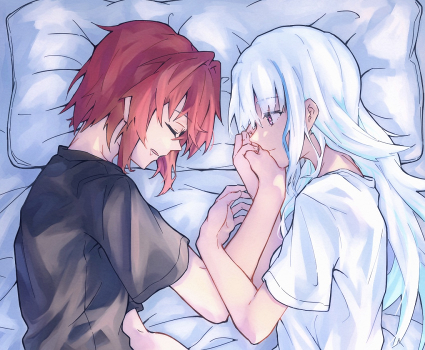 ange_katrina bangs bed_sheet closed_eyes closed_mouth elmida eyebrows_visible_through_hair hair_intakes hand_grab lize_helesta long_hair nijisanji parted_lips pillow redhead saliva shirt short_hair silver_hair sleeping t-shirt violet_eyes yuri