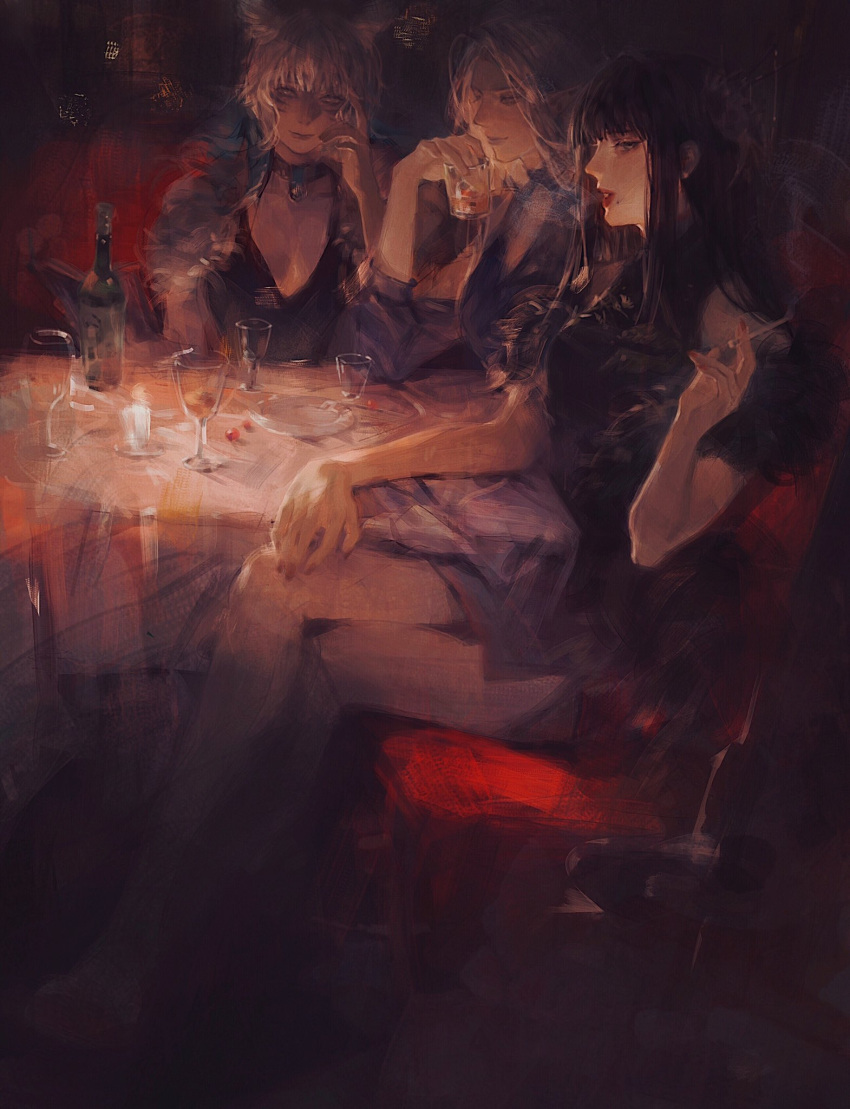3girls alcohol animal_ears bangs black_dress black_hair blue_dress blunt_bangs bottle cat_ears cigarette collar couch cup dress drinking_glass elezen elf facepaint final_fantasy final_fantasy_xiv flower fur_trim grey_eyes hair_flower hair_ornament hand_on_own_face highres holding holding_cigarette holding_cup hyur indoors leaning_on_table long_hair looking_down miqo'te mole mole_under_mouth multiple_girls plate pointy_ears red_lips red_nails short_hair silver_hair sitting smoking sukiri table tablecloth wine wine_bottle wine_glass y'shtola_rhul yotsuyu_(ff14) ysayle_dangoulain