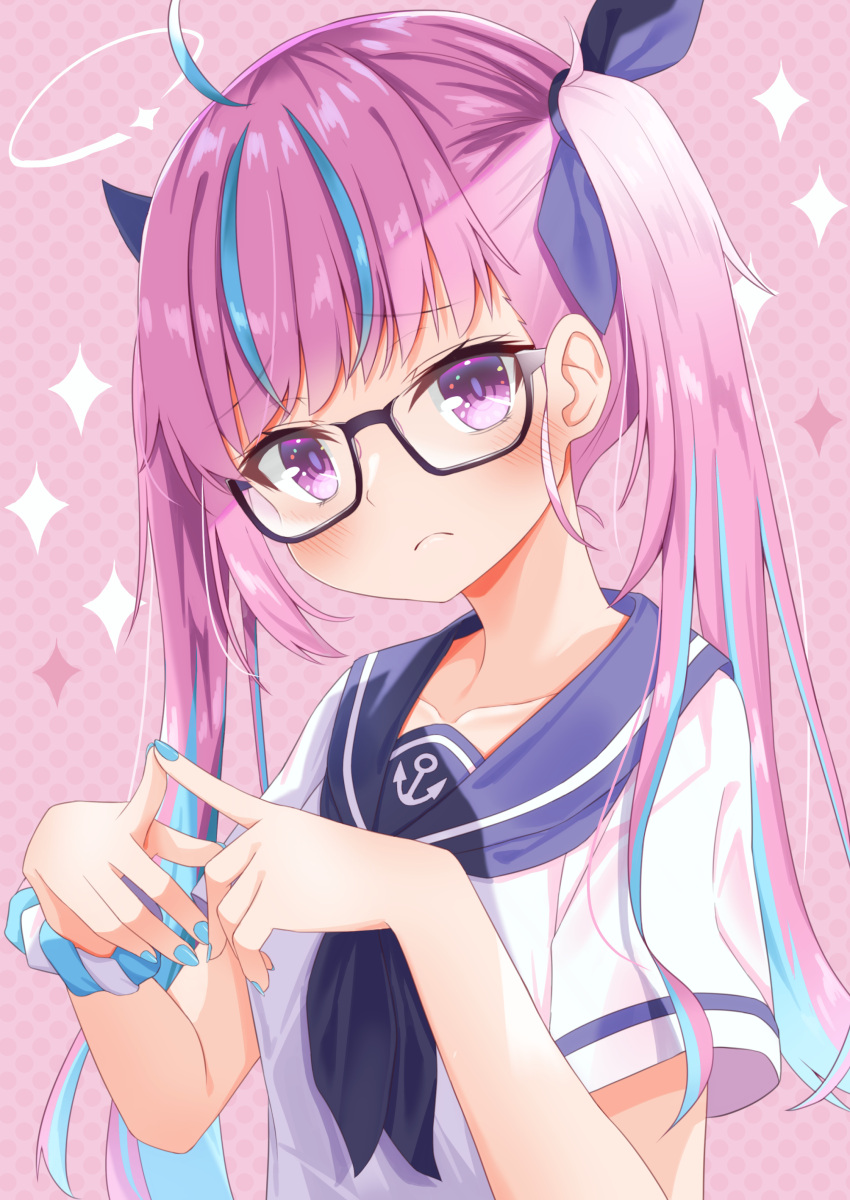 1girl absurdres ahoge bangs blue_hair blue_nails blue_neckwear blue_ribbon blue_sailor_collar blush closed_mouth commentary_request divergenceok eyebrows_visible_through_hair glasses hair_ribbon highres hololive index_fingers_together long_hair looking_at_viewer minato_aqua multicolored_hair nail_polish neckerchief pink_hair ribbon sailor_collar scrunchie shirt short_sleeves solo twintails two-tone_hair upper_body virtual_youtuber white_shirt wrist_scrunchie