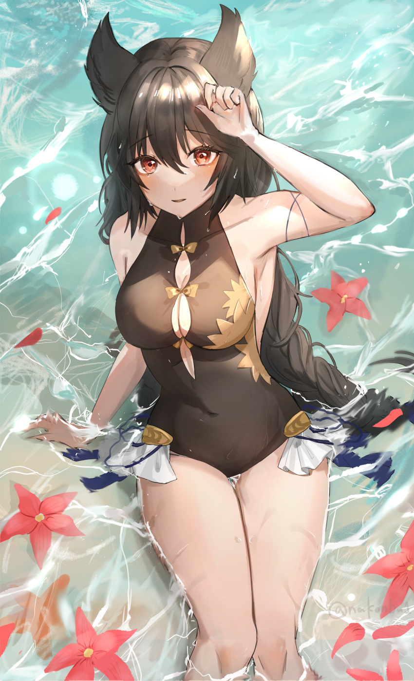 1girl absurdres animal_ears bangs bare_shoulders black_hair black_swimsuit blush braid braided_ponytail casual_one-piece_swimsuit caustics cleavage_cutout clothing_cutout collarbone covered_navel erune feet_out_of_frame flower granblue_fantasy highres long_hair looking_at_viewer nakonbu nier_(granblue_fantasy) one-piece_swimsuit partially_submerged red_eyes shading_eyes sitting solo swimsuit twitter_username wet wet_hair