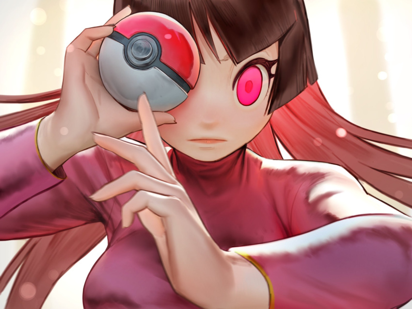 1girl bangs close-up closed_mouth covering_one_eye expressionless eyelashes highres lips long_hair looking_at_viewer poke_ball poke_ball_(basic) pokemon pokemon_(game) pokemon_frlg poritive red_eyes sabrina_(pokemon) solo upper_body wide-eyed