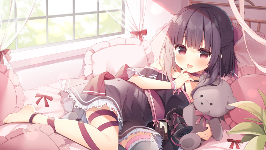 1girl :p bangs bare_shoulders barefoot black_dress black_hair blush closed_mouth commentary_request commission criss-cross_halter curtains dress eyebrows_visible_through_hair frilled_legwear frilled_pillow frills grey_legwear halterneck hanamiya_natsuka indie_virtual_youtuber indoors lying off-shoulder_dress off_shoulder on_bed on_side pillow red_eyes shadow_(vtuber) short_sleeves single_thighhigh skeb_commission smile solo stuffed_animal stuffed_toy teddy_bear thigh-highs tongue tongue_out transparent virtual_youtuber window wrist_cuffs