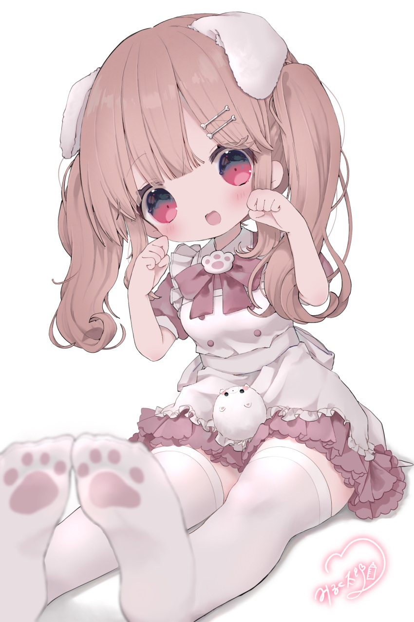 1girl absurdres animal_ears apron arms_up bangs blunt_bangs blurry brown_dress brown_hair depth_of_field dog_ears dog_girl dress feet foreshortening hair_ornament hairclip highres legs long_hair maid mirukutarou no_shoes open_mouth original paw_pose red_eyes short_sleeves simple_background sitting smile soles solo thigh-highs thighs twintails white_apron white_background white_legwear